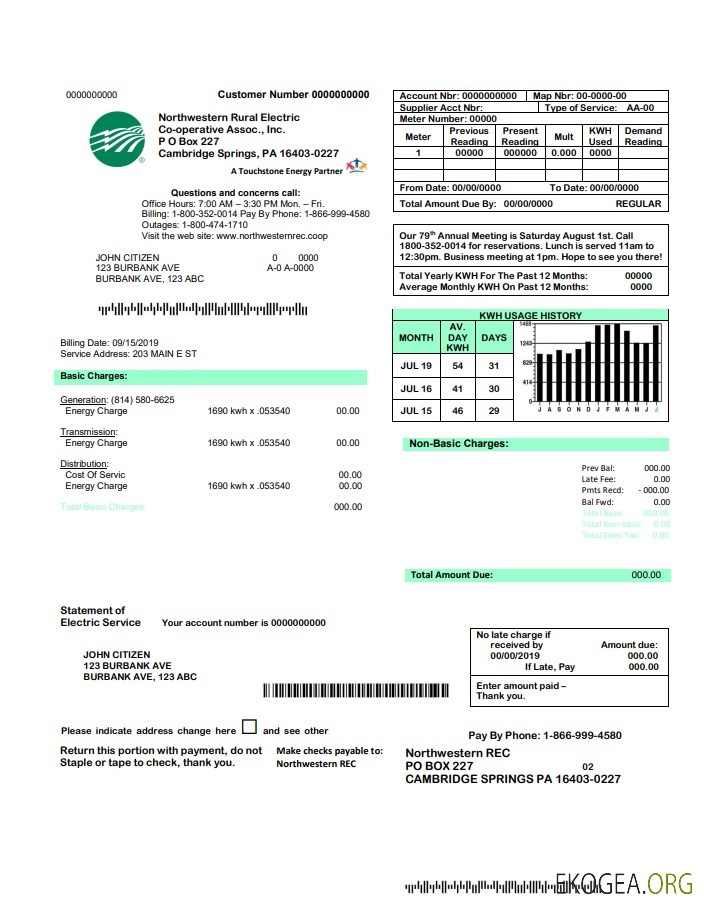 USA Northwestern Rural Electric utility bill template, fully editable in Word and PDF format